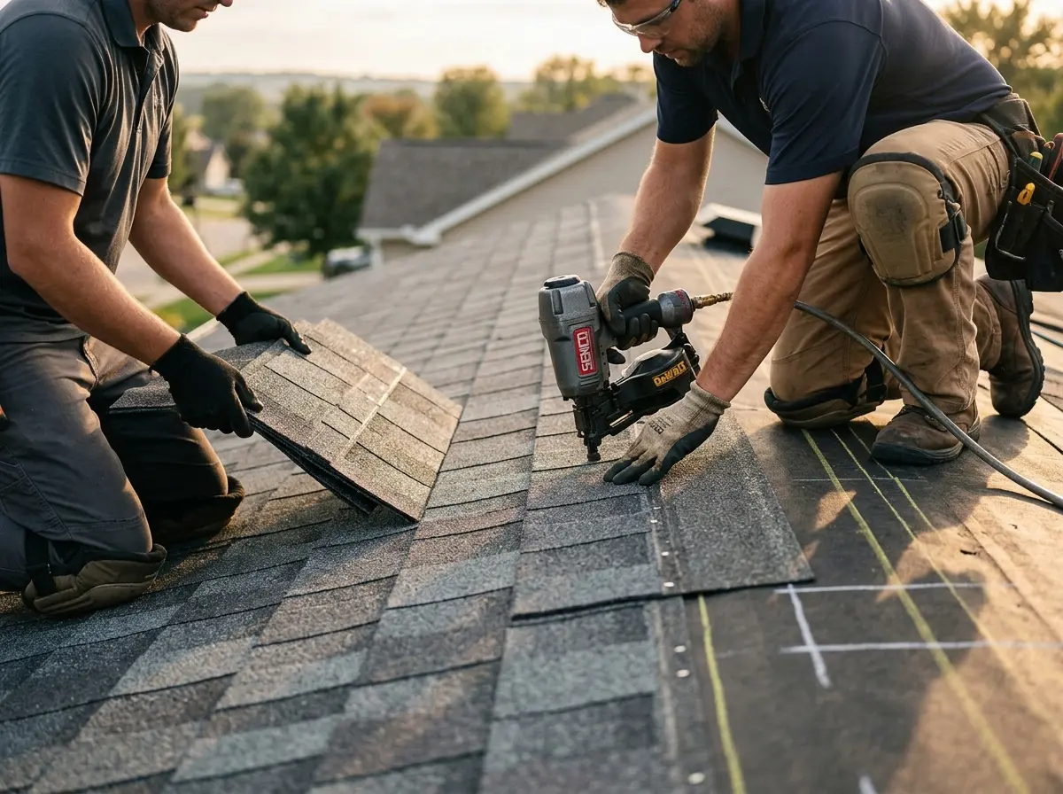 Professional roofer working on a residential roof in Bloomsburg